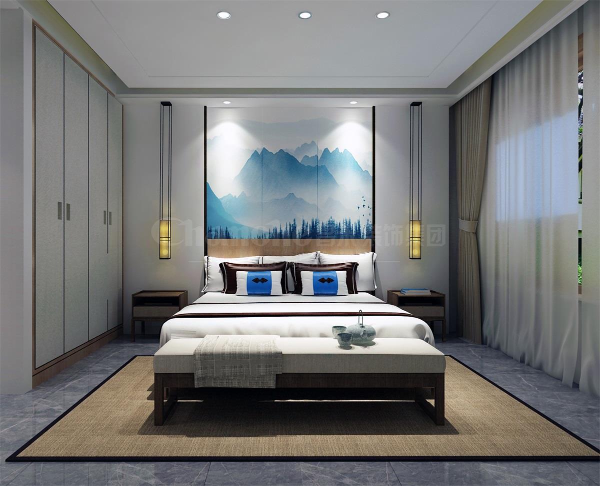 主臥貫穿、白色、灰色，加小許黑色融合的暖色調讓詩意棲居，少幾分濃墨重彩，多幾分雅致清寧，并在此感悟生命的智慧。內心的平靜才能感悟到生活的大美，美不是符號，是一種心境，一份怡然，更是一份禪動。